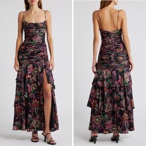 Hutch Tisha Black Floral Ruched Tiered A Line Spaghetti Strap Slit Dress 12 NWT